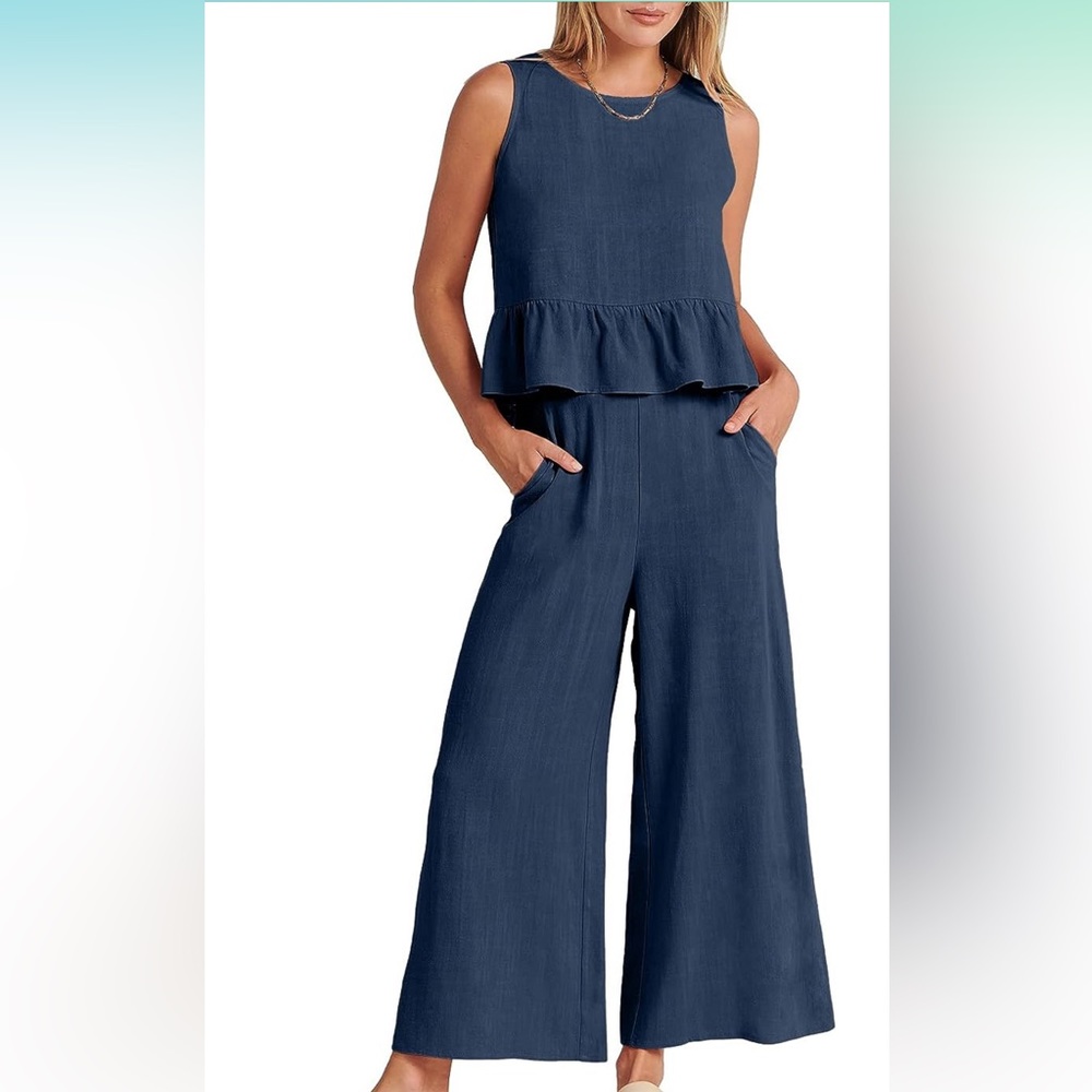 ANRABESS 2 Piece Outfit Set Sleeveless Cropped Tank, Wide Leg Pant, Navy, sz XL